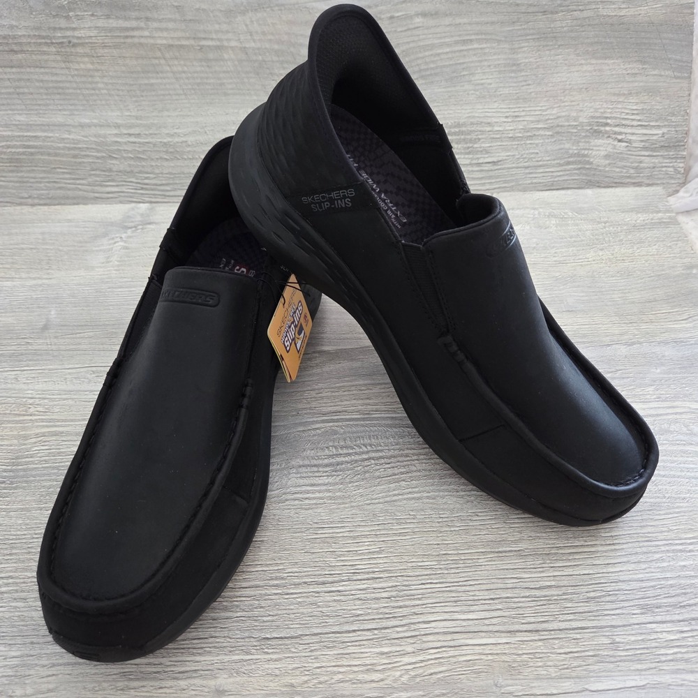 NEW Skechers Parson Magro Slip-ins Black Leather Loafers 11 Extra Wide 204866WW